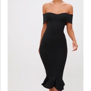 PrettyLittleThing Dresses - Black Bardot Frill Hem Midi Dress PrettyLittleThing Dresses - Black Bardot Frill Hem Midi Dress